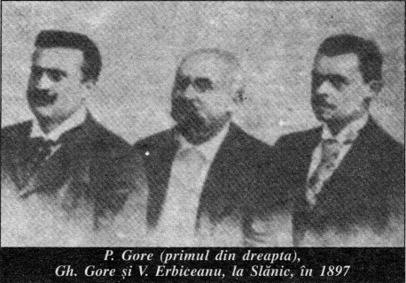 P. Gore (primul din dreapta), Gh. Gore şi V. Erbiceanu, la Slănic, în 1897